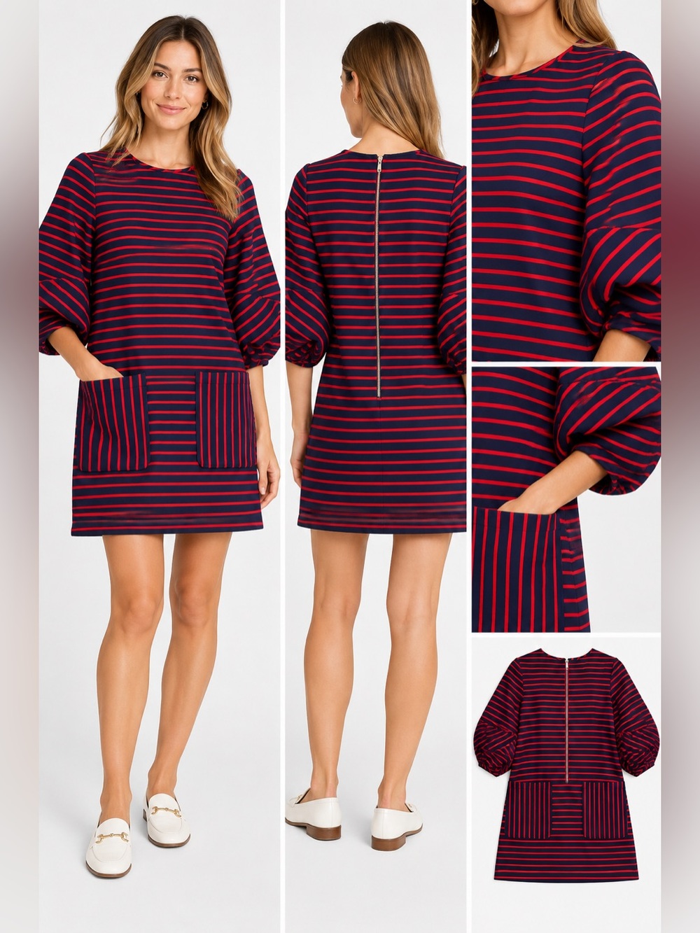 LDT Navy Red Striped Shift Mini Dress Puff Sleeves Pockets Size 8
